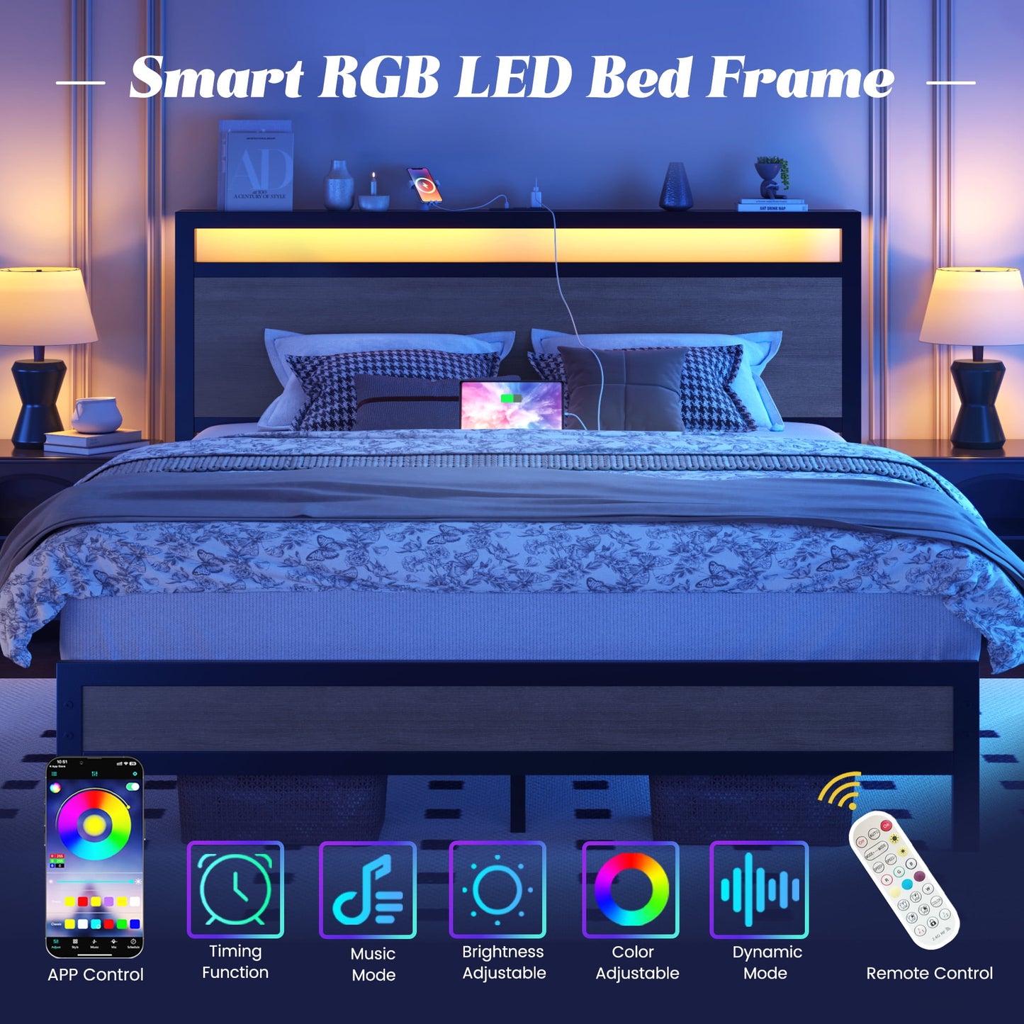 Queen Bed Frame with Headboard & Footboard, Bed Frame with Built-in Charging Station & LED Light, Storage Shelf, Noise-Free, No Box Spring Needed, Easy Assembly, Rustic Grey