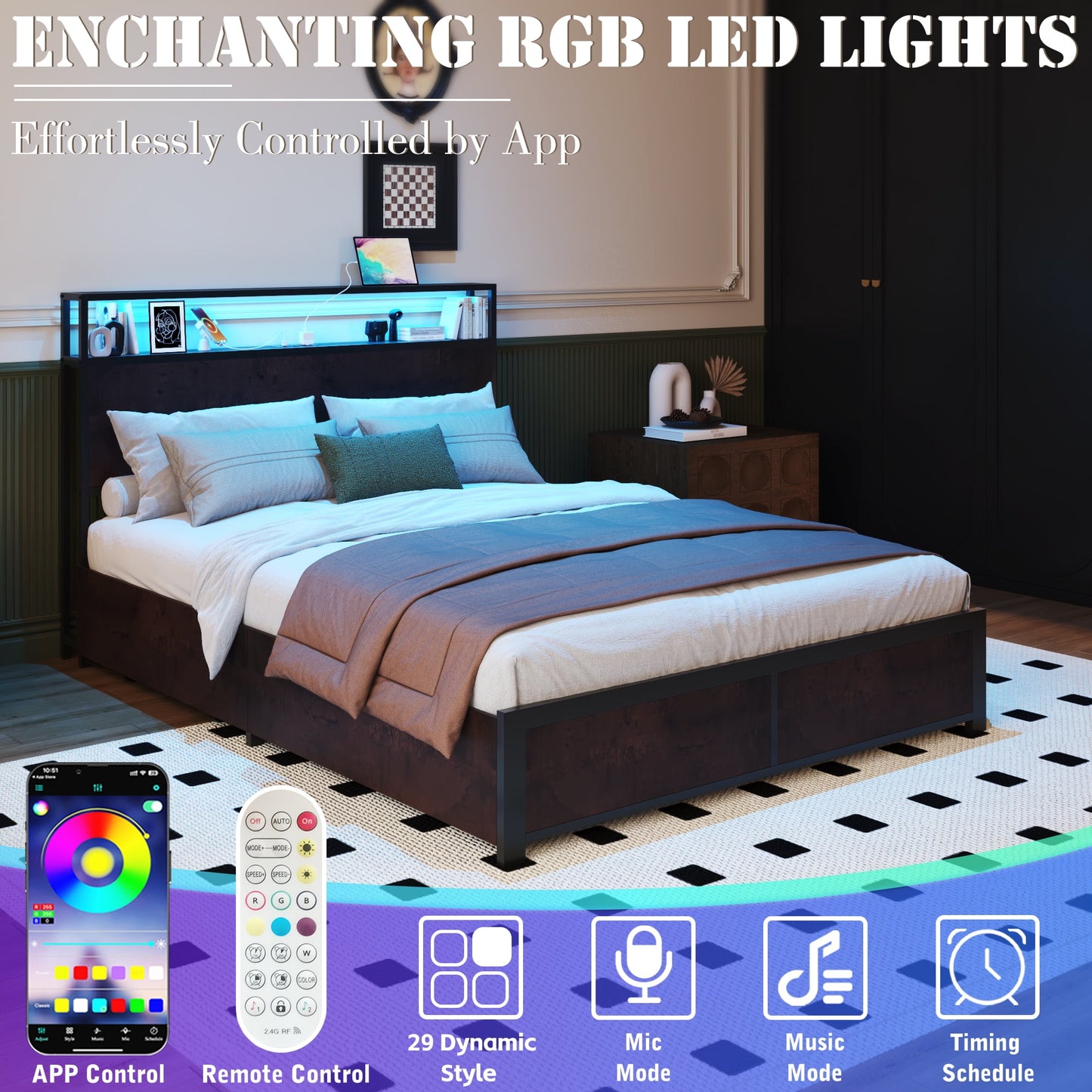 Lifezone Full Size Bed Frame with 2-Tier Bookcase Headboard Platform Bed with Charging Station & LED, 4 Storage Drawers, Metal Support, No Box Spring Needed, Noise Free, Brown