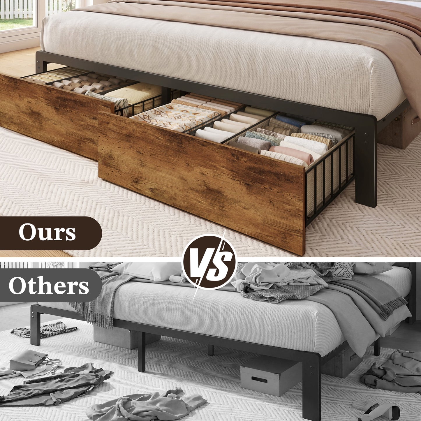 Lifezone Queen Storage Bed Frame with 2 Drawers, Bookcase Headboard & Charging Station, No Box Spring Needed, Rustic Brown