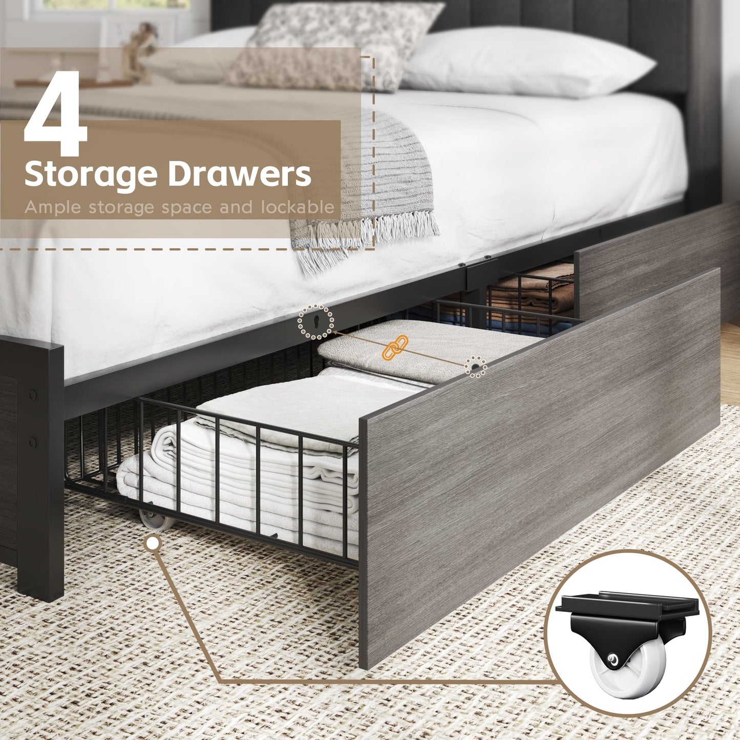 Lifezone Bookcase Beds Queen Bed Frame with Wooden Platform, Rustic Grey