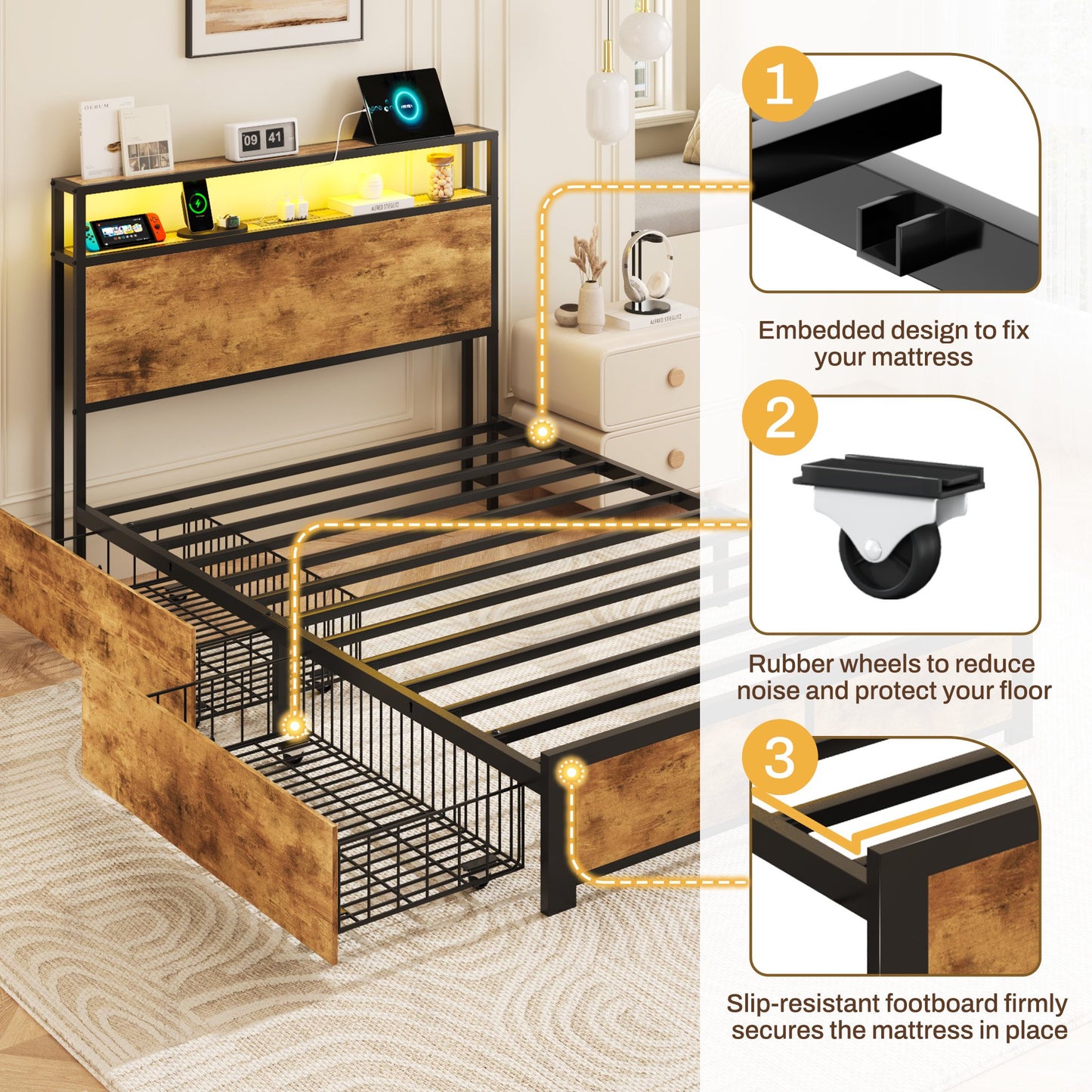 Lifezone Twin Bed Frame with 2 Storage Drawers, Platform Bed Frame with Headboard, Charging Station & LED, Metal Support, No Box Spring Needed, Noise Free, Brown