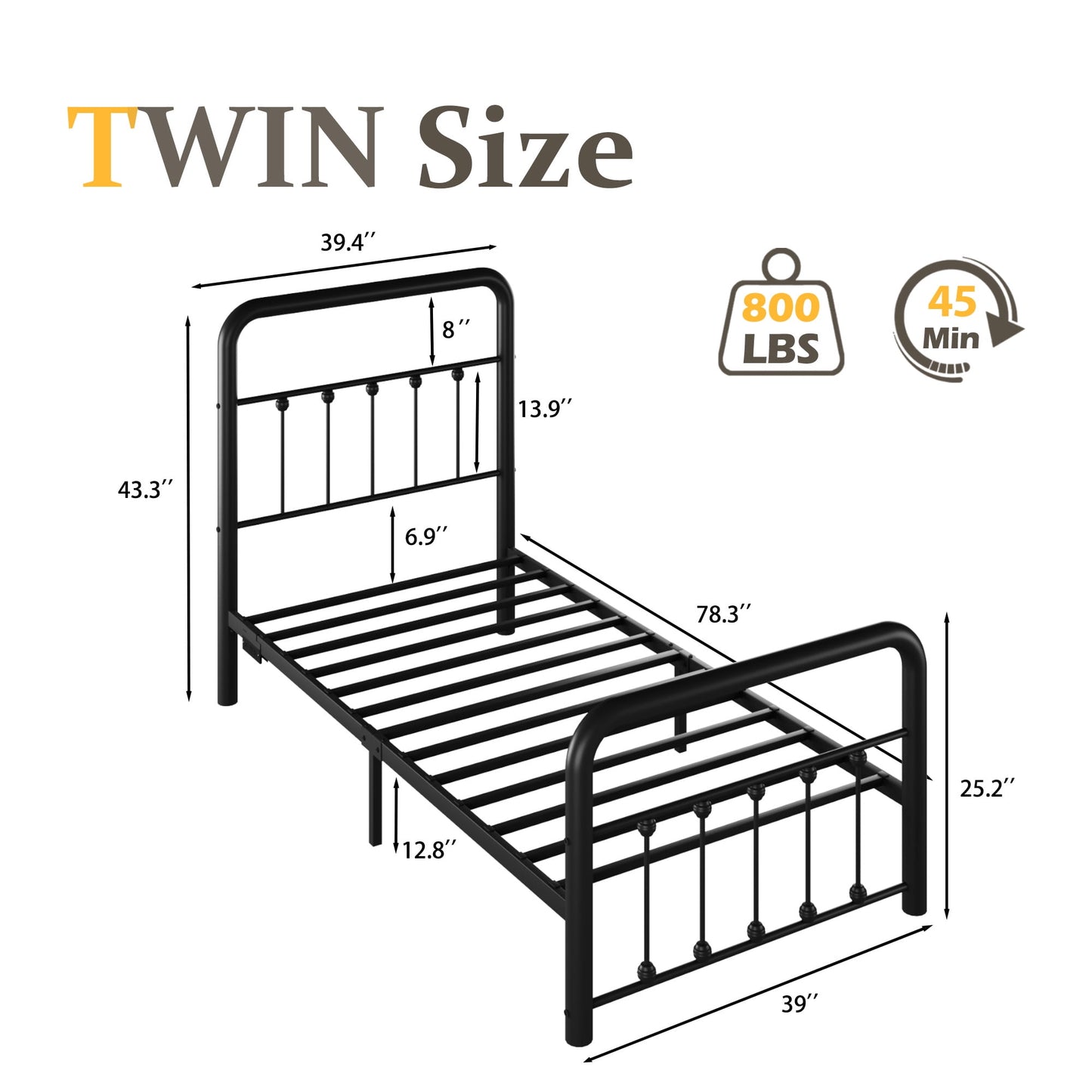 Lifezone Twin Bed Frame, Classic Metal Platform Bed Frame, with Charging Station and LED, No Need for Springs, Black