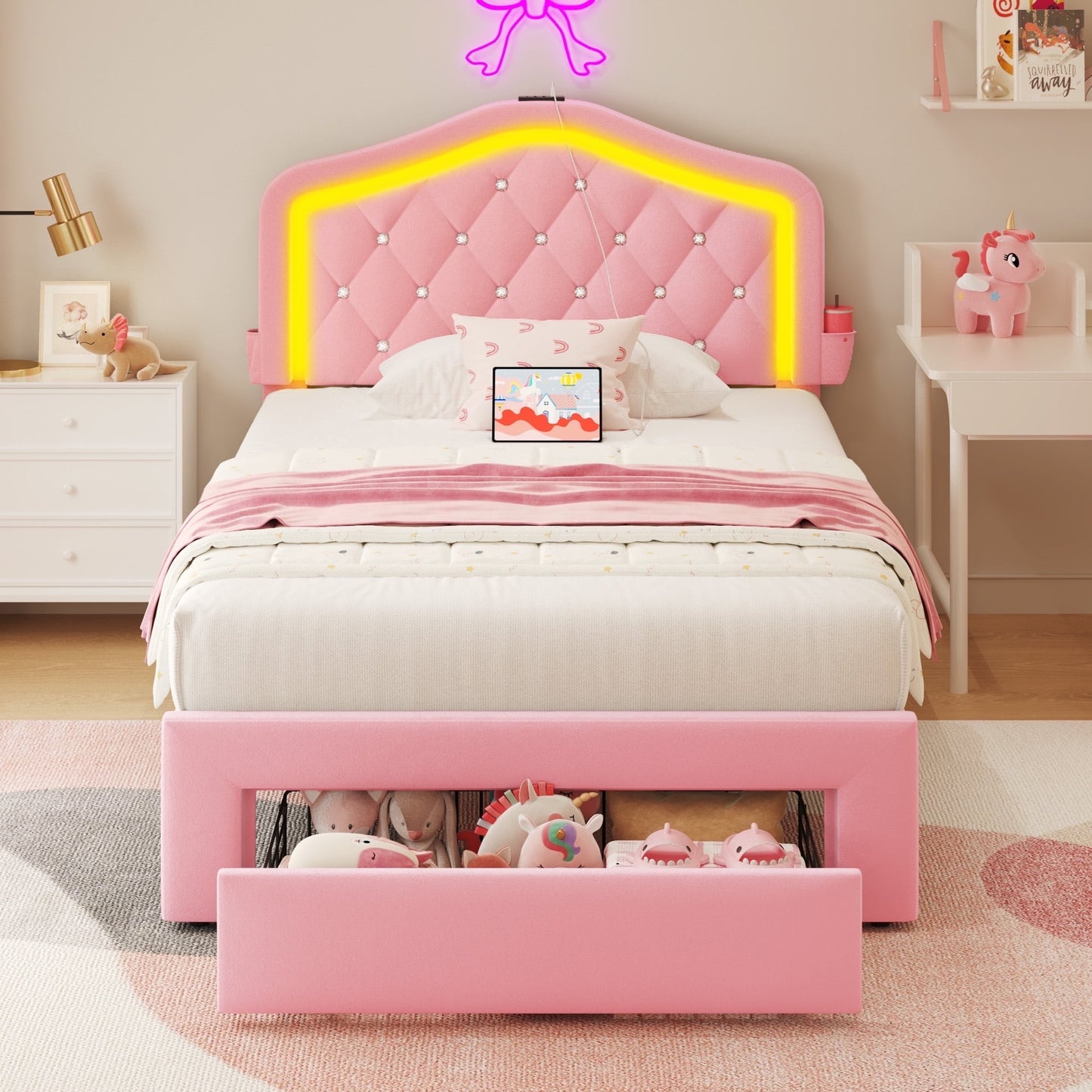 Fluest Tufted Diamond Twin Bed Frame, Pink Upholstered Headboard, USB Port, LED Light & Underbed Storage Drawer