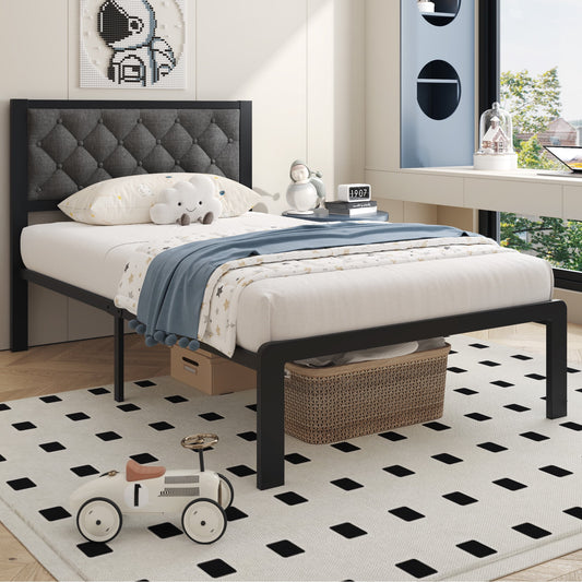 Bed Frame with Headboard Linen Upholstered, All Metal Slats Support Platform, Twin, Grey