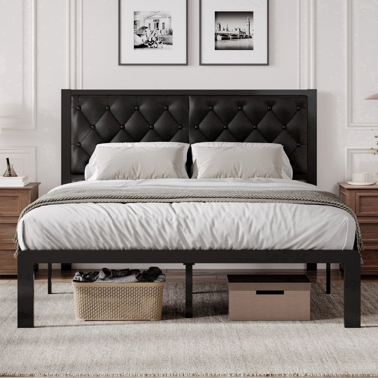 Lifezone Bed Frame with Upholstered Headboard, Queen, Metal Support, No Box Spring Needed, Modern Black