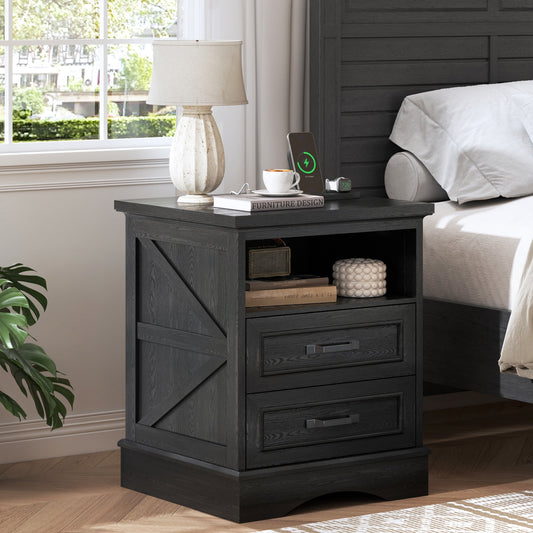 Lifezone 24” Farmhouse Rustic Nightstand - Antique Black , Charging Station, Drawers & Open Storage