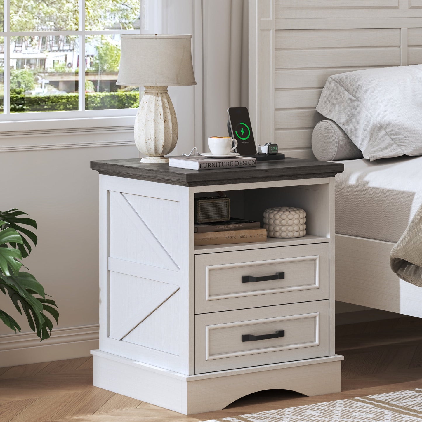 Lifezone 24” Farmhouse Rustic Nightstand - Antique White, Charging Station, Drawers & Open Storage