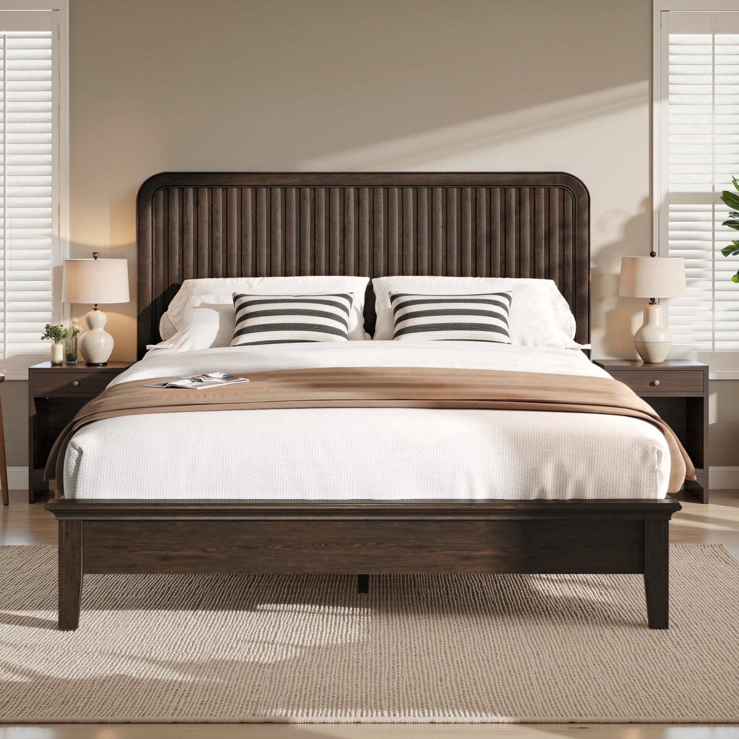 Fluest Queen Size Wood Platform Bed Frame with Vertical Slat Headboard, Rustic Brown, No Box Spring Needed, Noise-Free