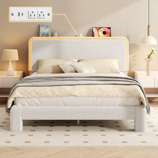 Fluest Queen Size Boucle Upholstered Bed Frame, Cloud Headboard, Built-in Charging Station & LED Lights, Beige, No Box Spring Needed