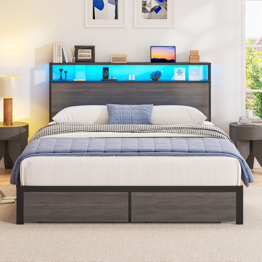 Lifezone Full Size Bed Frame with Storage Headboard & Footboard Drawers, Rustic Grey