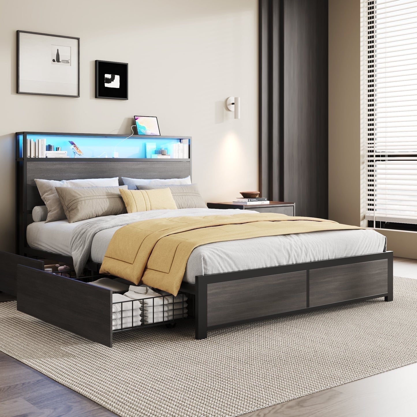 LIFEZONE Rustic Full Size Medium Density Fiberboard Platform Bookcase Bed with 4 Drawers, Grey