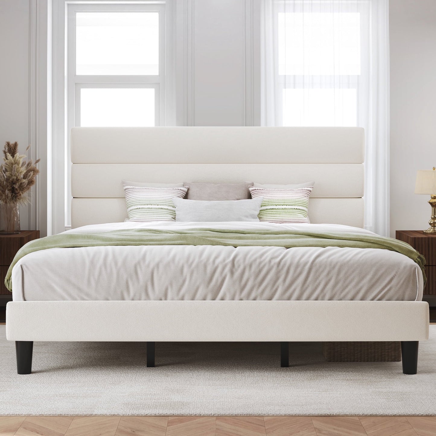 Lifezone King Bed Frame with Velvet Upholstered Headboard, Metal Support, No Box Spring Needed, Noise Free, Easy Assembly, Beige