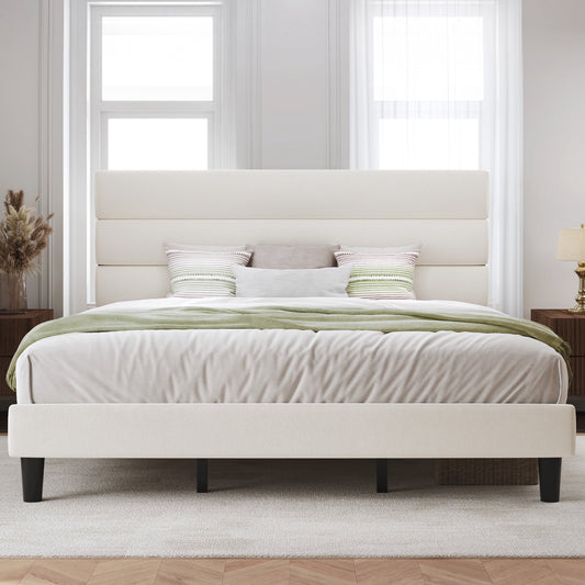 Lifezone King Bed Frame with Velvet Upholstered Headboard, Metal Support, No Box Spring Needed, Noise Free, Easy Assembly, Beige