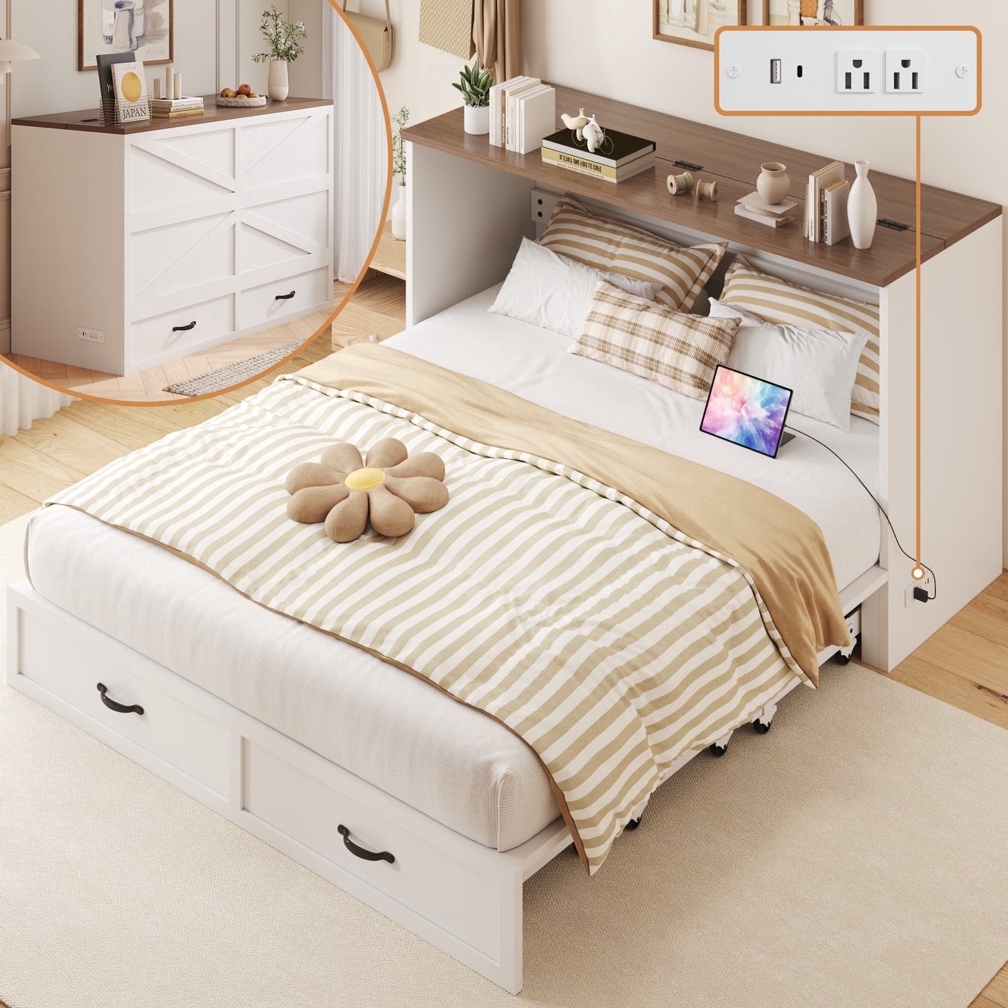 Lifezone Murphy Bed Frame with Charging Station, Convertible Chest Bed Cabinet, Space-Saving Design for Small Living Spaces