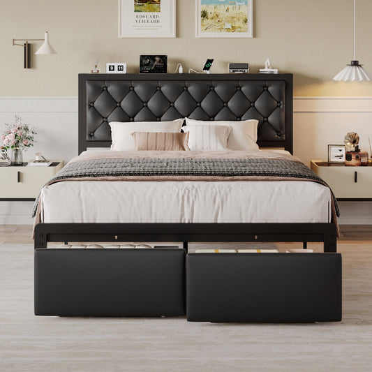 lifezone Bed Frame with Leather Upholstered Headboard, Lockable Storage, Queen Size, Black