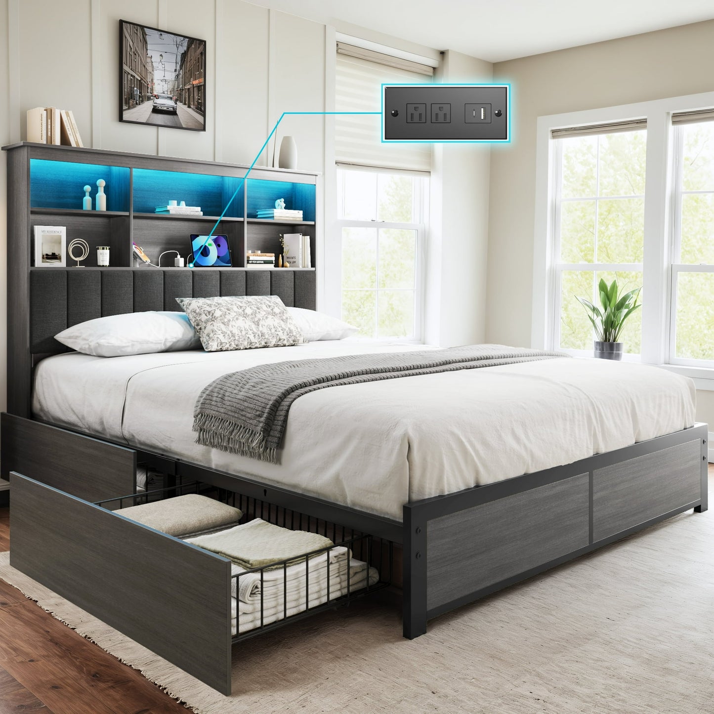 Lifezone Bookcase Beds Full Bed Frame with Wooden Platform, Rustic Grey