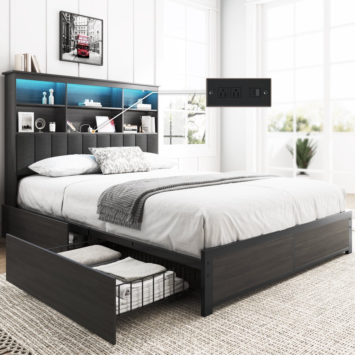 Lifezone Bookcase Beds Queen Bed Frame with Wooden Platform, Rustic Grey