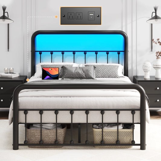 Lifezone Full Bed Frame, Classic Metal Platform Bed Frame, with Charging Station and LED, No Need for Springs, Black