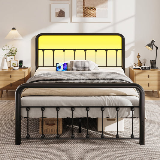 Lifezone Full Bed Frame, Classic Metal Platform Bed Frame, with Charging Station and LED, No Need for Springs, Black