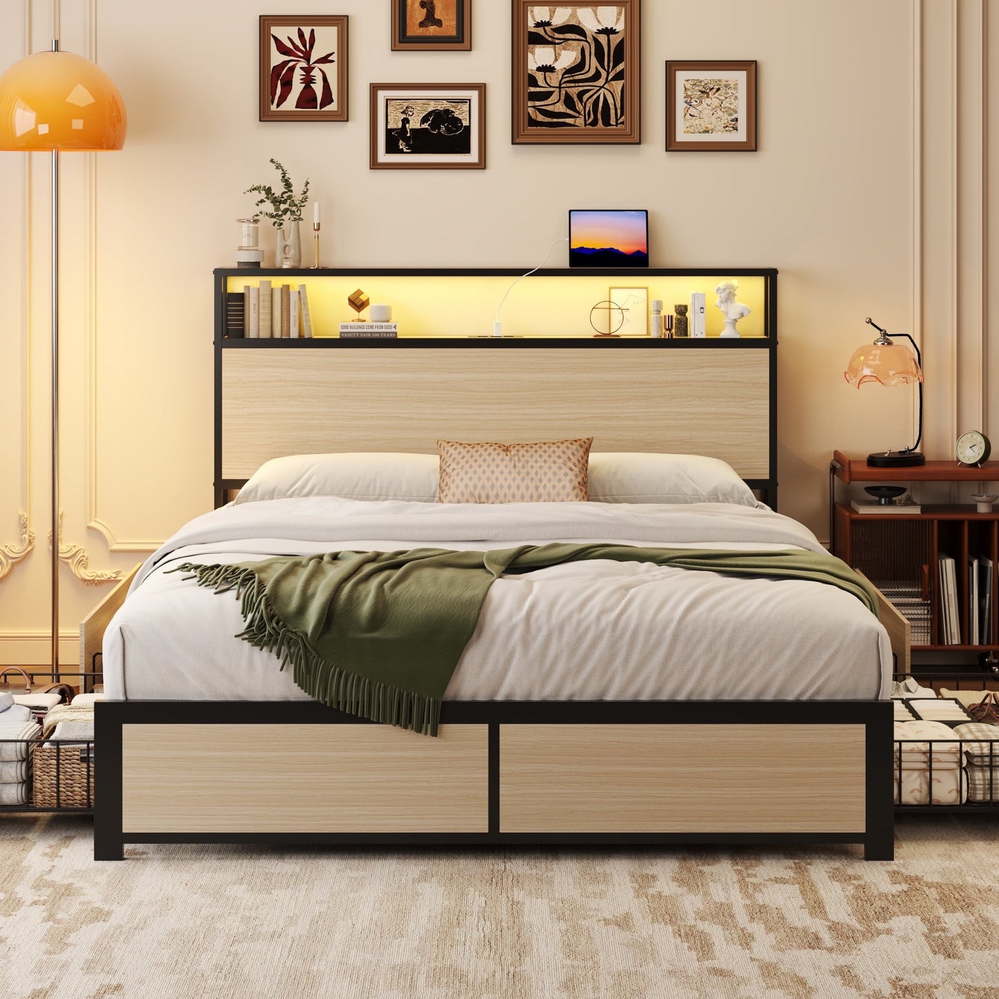 Lifezone Full Bed Frame with 2-Tier Storage Headboard, USB Port and LED Light, 4 Storage Drawers, Begie