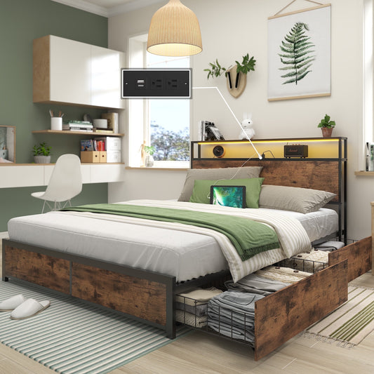 Lifezone Full Bed Frame with Headboard Charging Station Storage Drawer,Metal Support,Vintage Brown