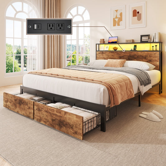Lifezone Full Bed Frame with Headboard and Storage,2-Tier Storage Headboard & Foot-Board Drawers, Rustic Brown