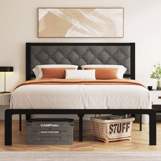 Lifezone Upholstered Bed Frame with Headboard, Full, Metal Support, No Box Spring Needed, Noise Free, Easy Assembly, Grey