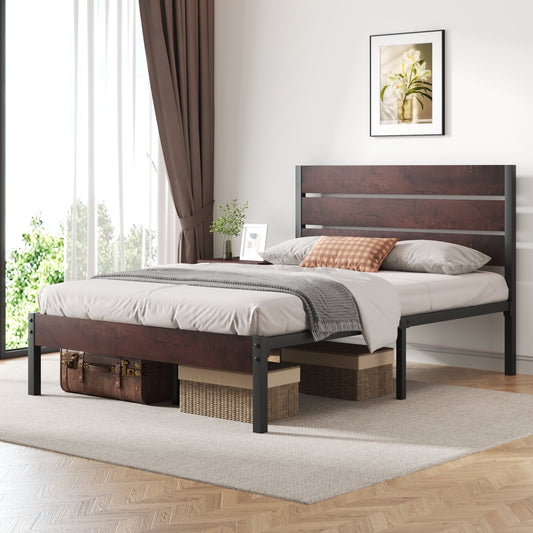 Lifezone Full Bed Frame with Rustic Vintage Wood Headboard and Footboard,Metal Support,Vintage Brown