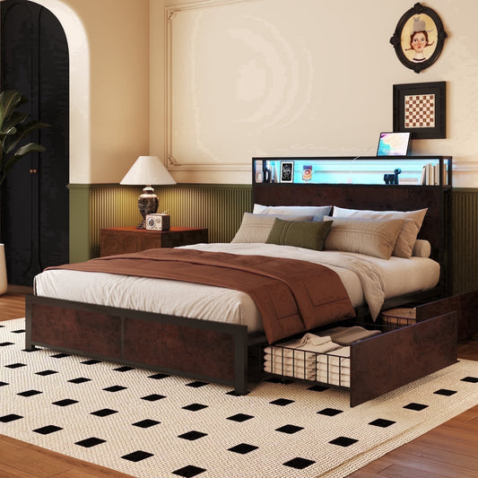 Lifezone Full Size Bed Frame with 2-Tier Bookcase Headboard Platform Bed with Charging Station & LED, 4 Storage Drawers, Metal Support, No Box Spring Needed, Noise Free, Vintage Brown