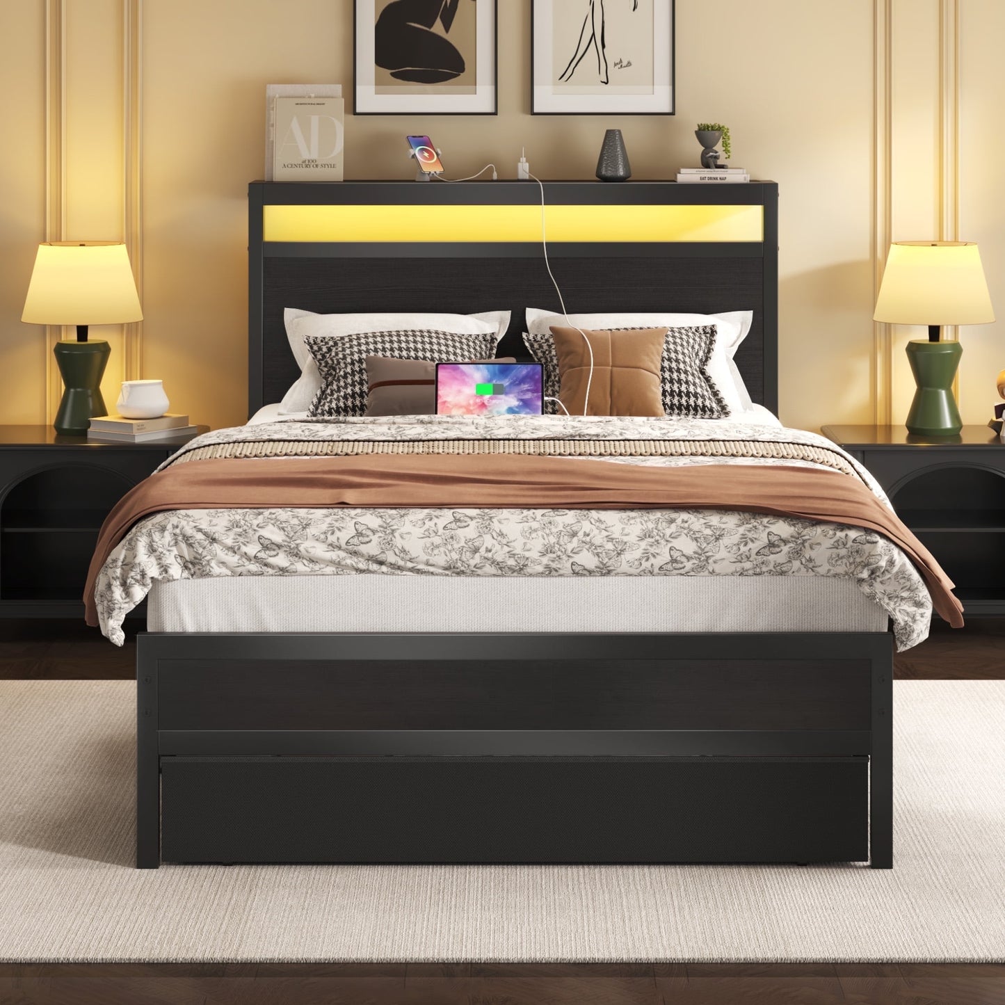Twin Bed Frame,Twin Bed Frame with Storage Headboard & Storage Drawer, Charging Station & LED Light, No Box Spring Needed, Noise Free, Easy Assembly, Classic Black