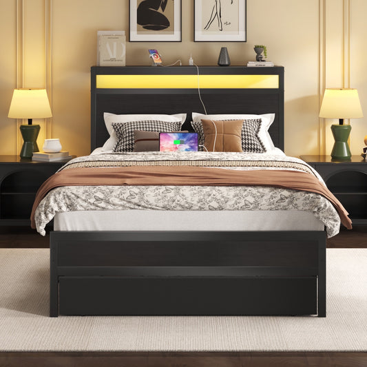 Twin Bed Frame,Twin Bed Frame with Storage Headboard & Storage Drawer, Charging Station & LED Light, No Box Spring Needed, Noise Free, Easy Assembly, Classic Black