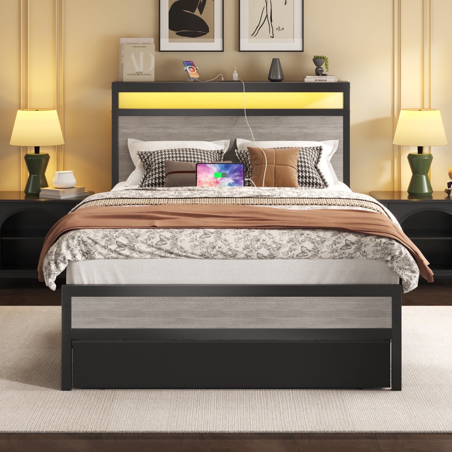 Twin Bed Frame with Storage Headboard & Drawer, Charging Station & LED Light, No Box Spring Needed, Noise Free, Easy Assembly, Rustic Grey