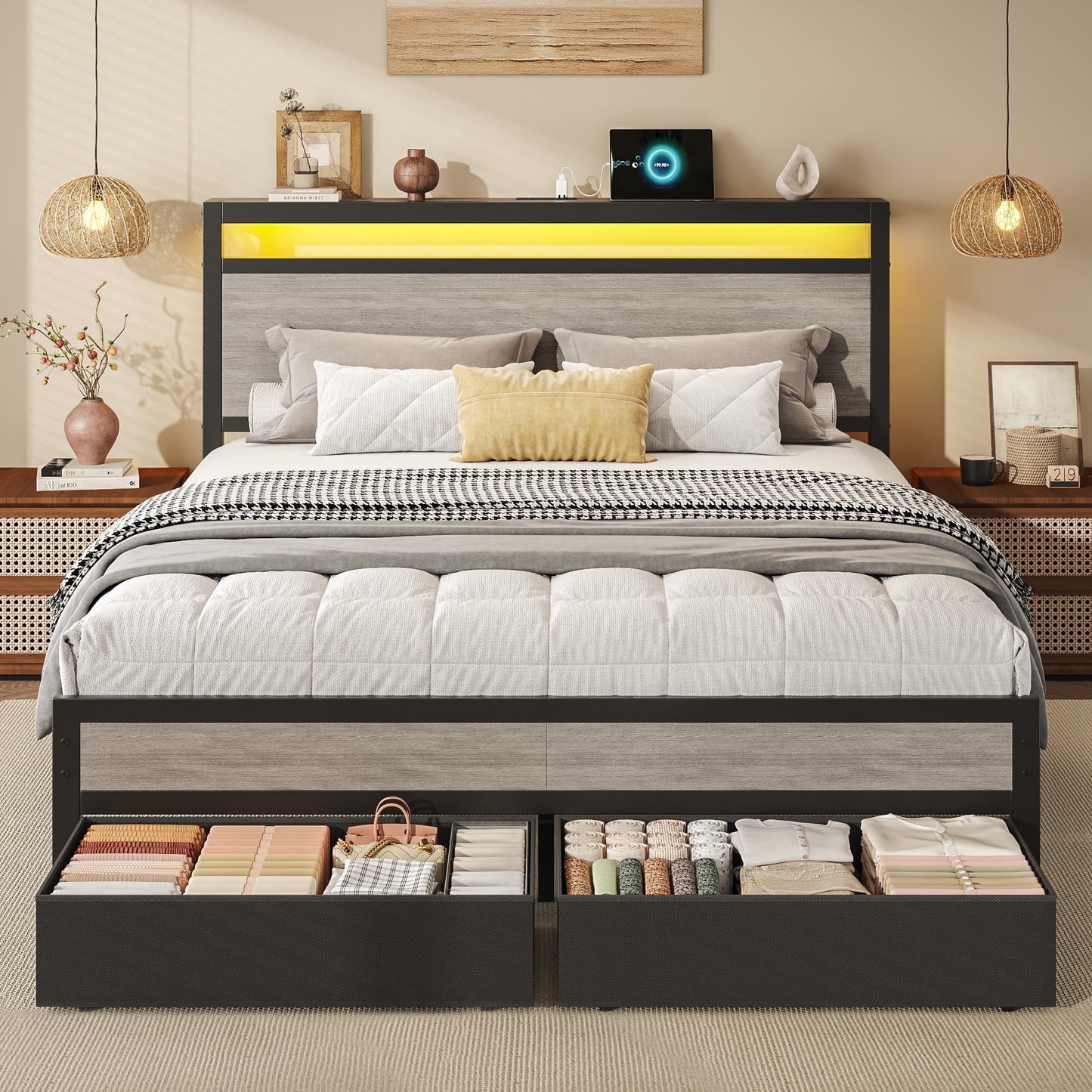 Queen Bed Frame with 2 Drawers, Headboard & Footboard, Bed Frame with Built-in Charging Station & LED Light, Storage Shelf, Noise-Free, No Box Spring Needed, Easy Assembly, Gray