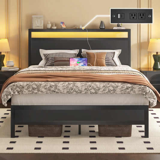 Full Bed Frame with Storage Headboard & Storage Drawer, Charging Station & LED Light, No Box Spring Needed, Noise Free, Easy Assembly, Classic Black