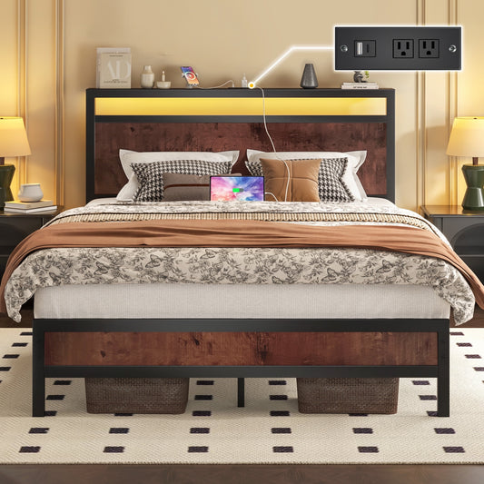 Full Bed Frame with Storage Headboard & Storage Drawer, Charging Station & LED Light, No Box Spring Needed, Noise Free, Easy Assembly, Vintage Brown