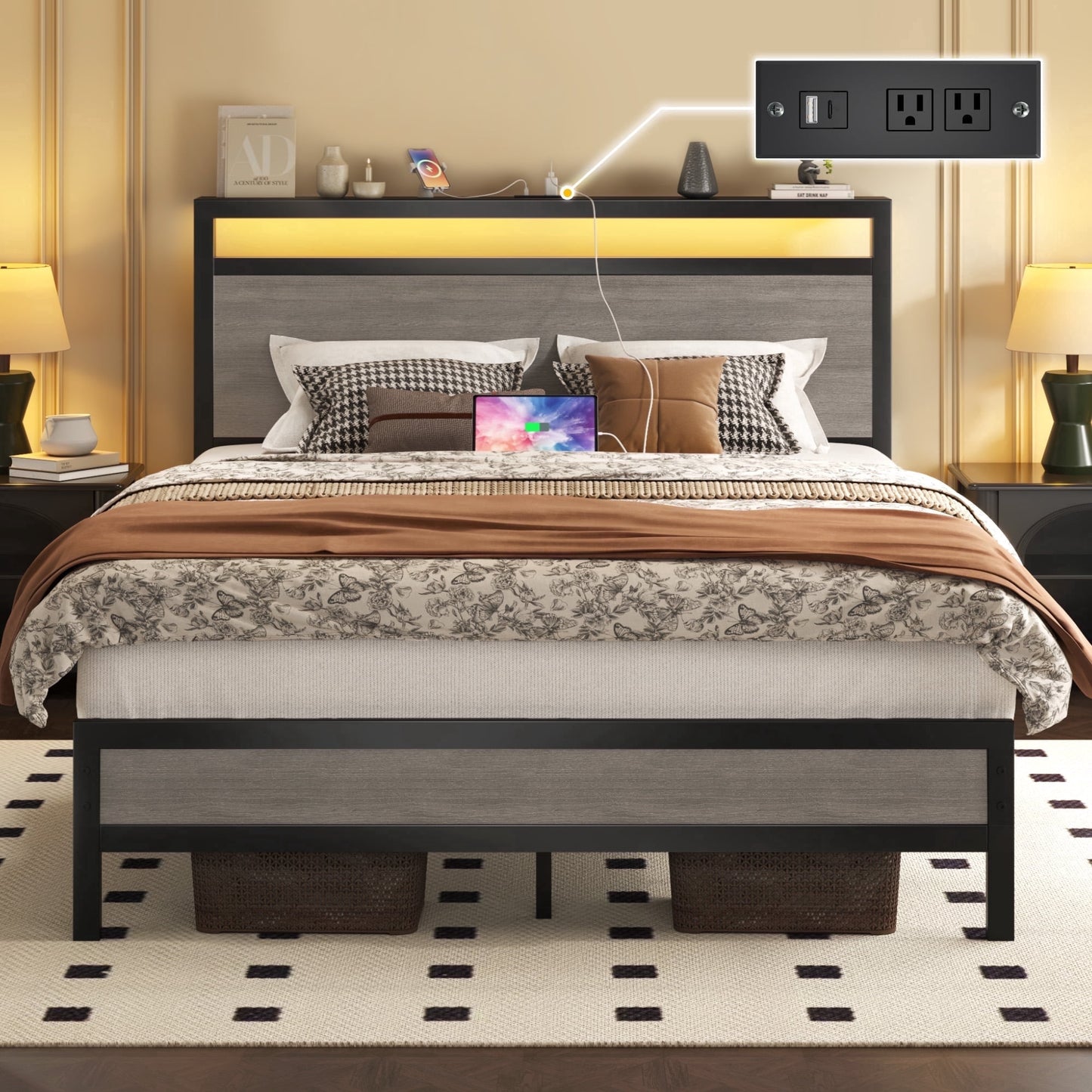Full Bed Frame with Storage Headboard & Storage Drawer, Charging Station & LED Light, No Box Spring Needed, Noise Free, Easy Assembly, Gray