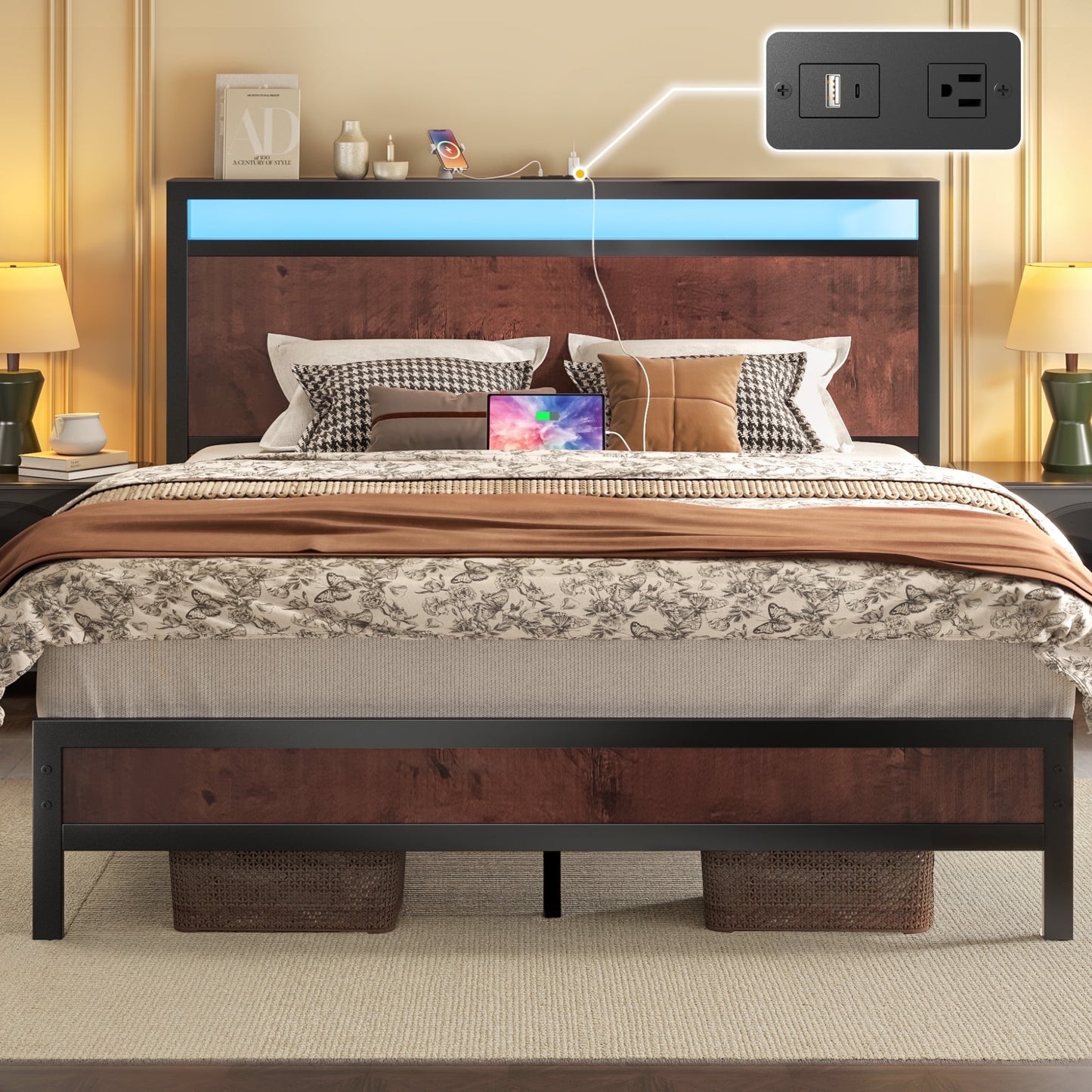 Queen Bed Frame with Headboard & Footboard, Bed Frame with Built-in Charging Station & LED Light, Storage Shelf, Noise-Free, No Box Spring Needed, Easy Assembly, Coffee Brown
