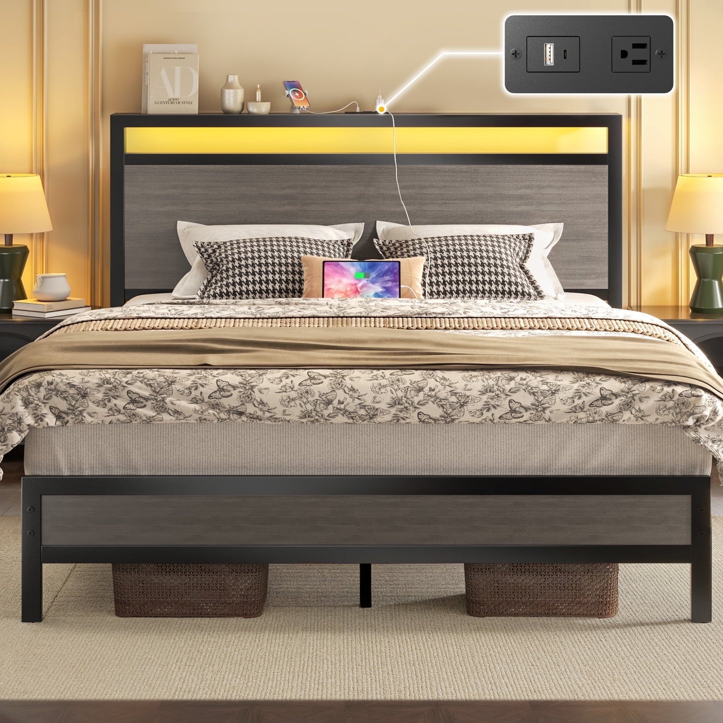 Queen Bed Frame with Headboard & Footboard, Bed Frame with Built-in Charging Station & LED Light, Storage Shelf, Noise-Free, No Box Spring Needed, Easy Assembly, Rustic Grey