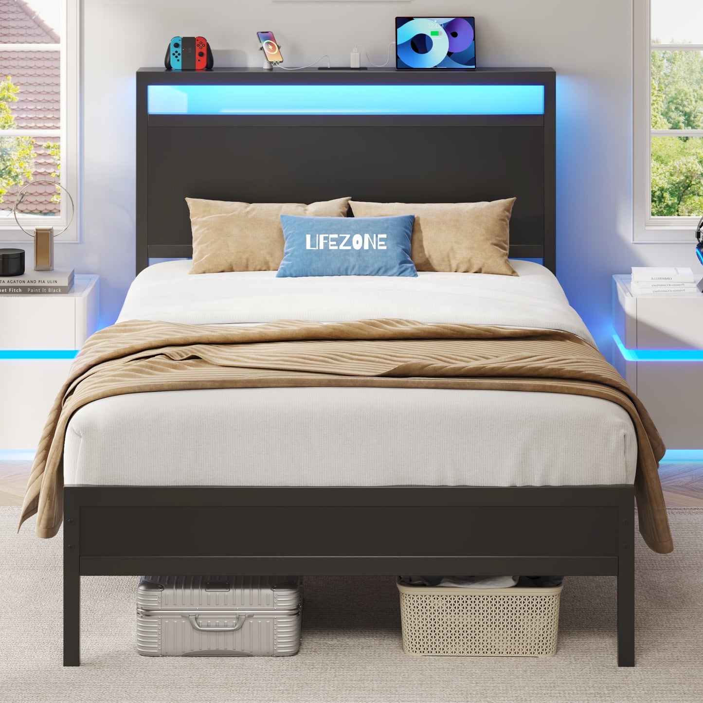 Twin Bed Frame with Headboard & Footboard, Charging Station & LED Light, Under-Bed-Storage, No Box Spring Needed, Noise Free, Easy Assembly, Black