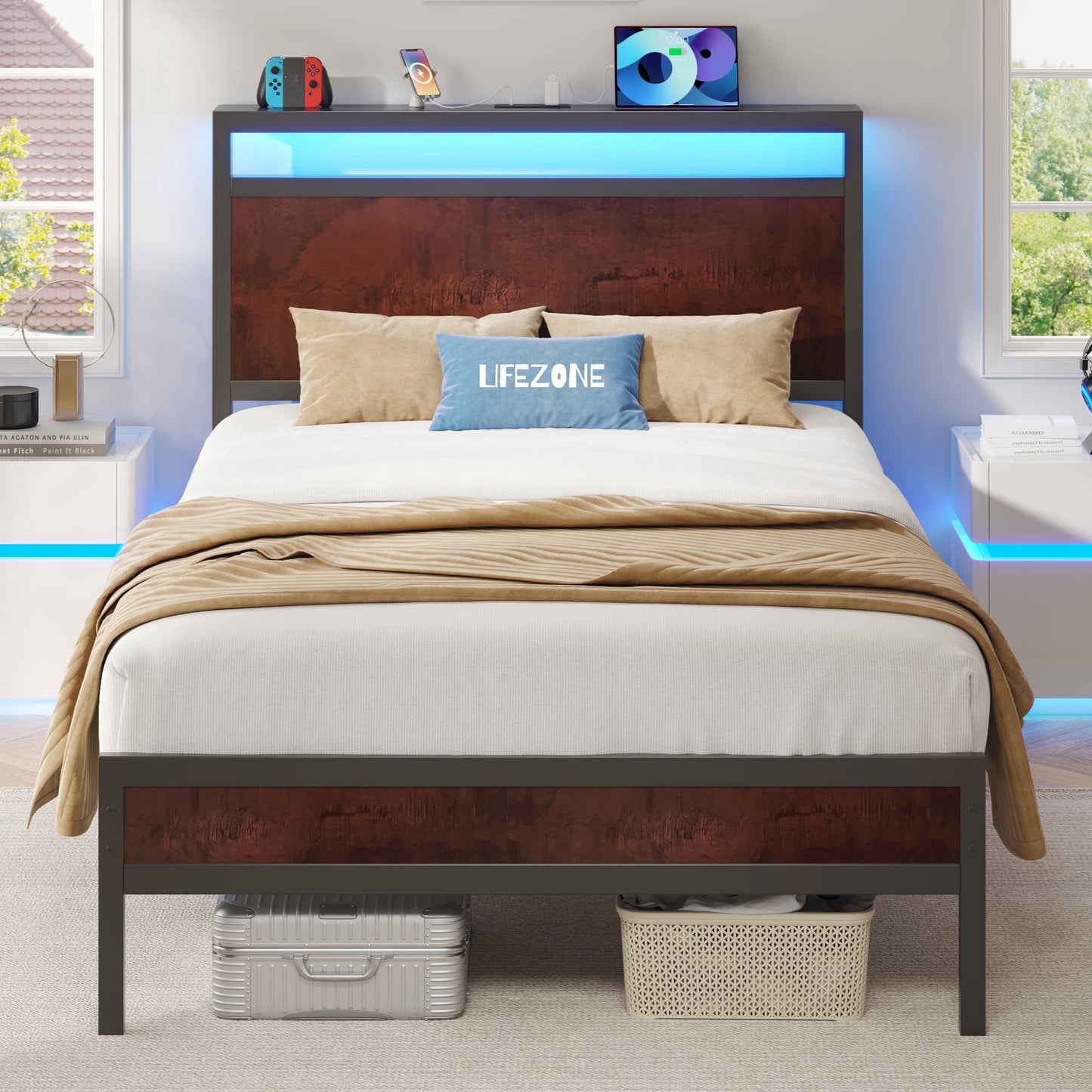 Lifezone Iron Wood Bed Frame, USB Port, LED Headboard, Noise-Free, Twin, Brown