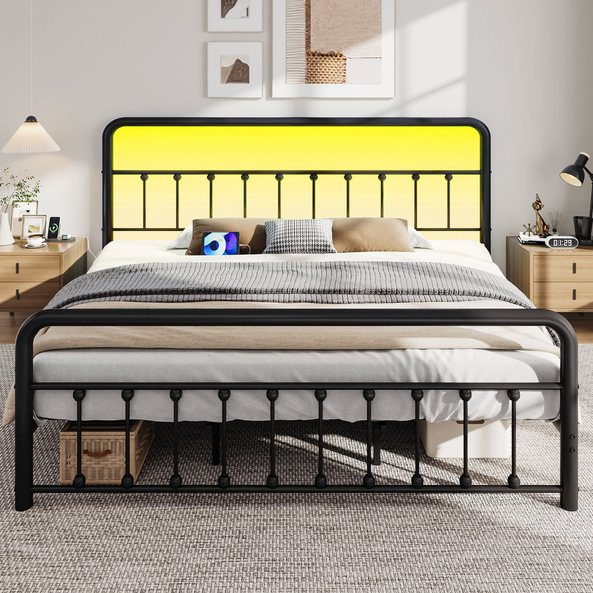 King Metal Platform Bed Frame, Classic Modern with Charging Station and LED Lights, No Box Spring Needed, Black