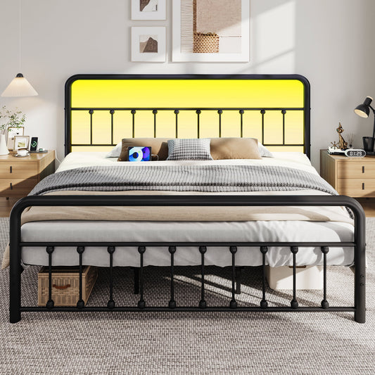 King Metal Platform Bed Frame, Classic Modern with Charging Station and LED Lights, No Box Spring Needed, Black
