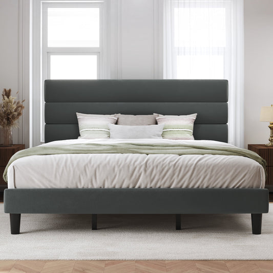 Lifezone King Bed Frame with Velvet Upholstered Headboard, Metal Support and No Box Spring