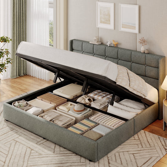 Lifezone King Linen Upholstered Storage Bed Frame with Button Tufted Wingback Headboard, Hydraulic Lift-up Under-Bed Storage, Gray
