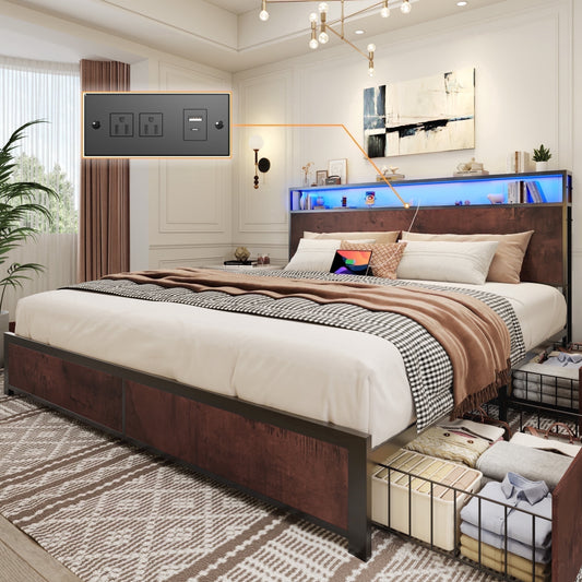 Lifezone King Size Bed Frame with 2-Tier Bookcase Headboard Platform Bed with Charging Station & LED, 4 Storage Drawers, Metal Support, No Box Spring Needed, Noise Free, Brown