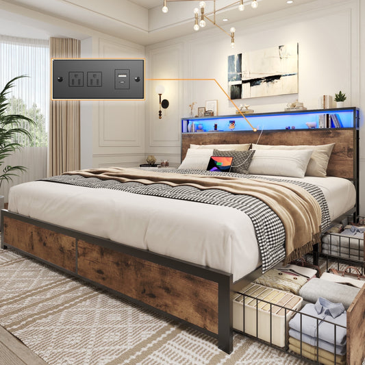 Lifezone King Size Bed Frame with 2-Tier Bookcase Headboard Platform Bed with Charging Station & LED, 4 Storage Drawers, Metal Support, No Box Spring Needed, Noise Free, Brown
