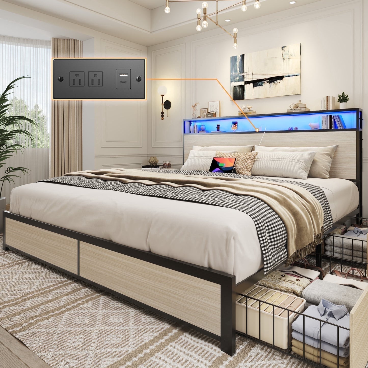 Lifezone King Size Bed Frame with 2-Tier Bookcase Headboard Platform Bed with Charging Station & LED, 4 Storage Drawers, Metal Support, No Box Spring Needed, Noise Free, Beige