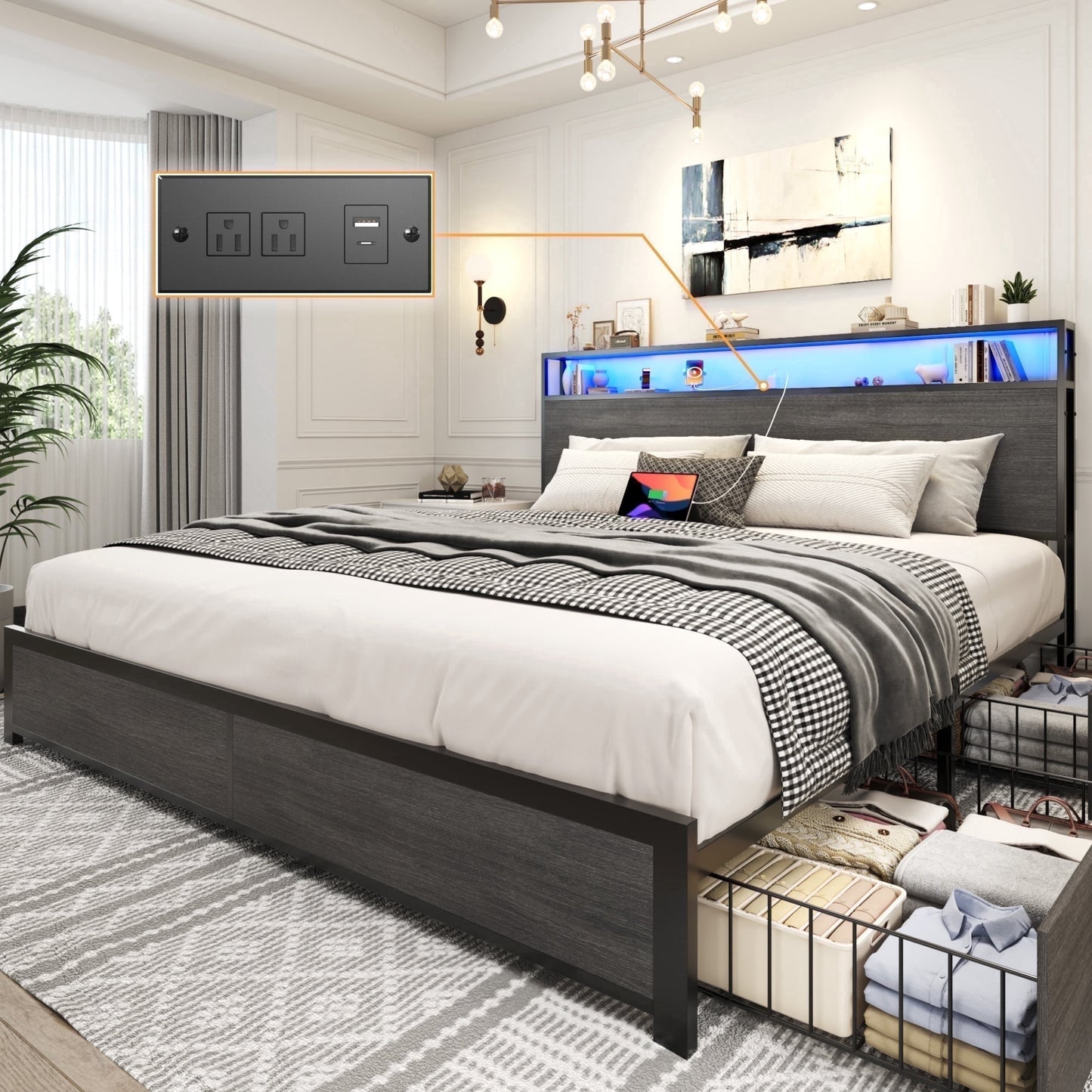 Lifezone King Size Bed Frame with 2-Tier Bookcase Headboard Platform Bed with Charging Station & LED, 4 Storage Drawers, Metal Support, No Box Spring Needed, Noise Free, Grey