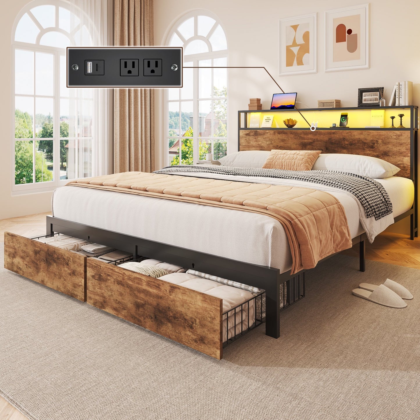 Lifezone Queen Bed Frame with 2-Tier Storage Headboard, Metal Bed Frame with Storage Drawers & Built-in Charging Station & LED, Noise-Free, No Box Spring Needed, Easy Assembly, Retro Brown