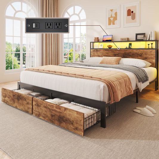 Lifezone Queen Bed Frame with 2-Tier Storage Headboard, Metal Bed Frame with Storage Drawers & Built-in Charging Station & LED, Noise-Free, No Box Spring Needed, Easy Assembly, Retro Brown